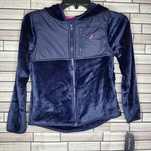Nautica Girls Navy Blue Plush Fleece Full Zip Hooded Jacket Size 8/10 Size M